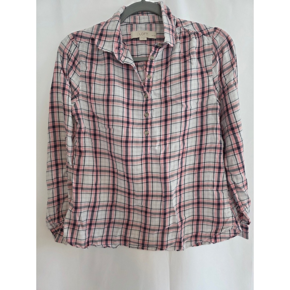 LOFT Petites Plaid Button Down Shirt Pink White Navy Long Sleeve Casual Womens S